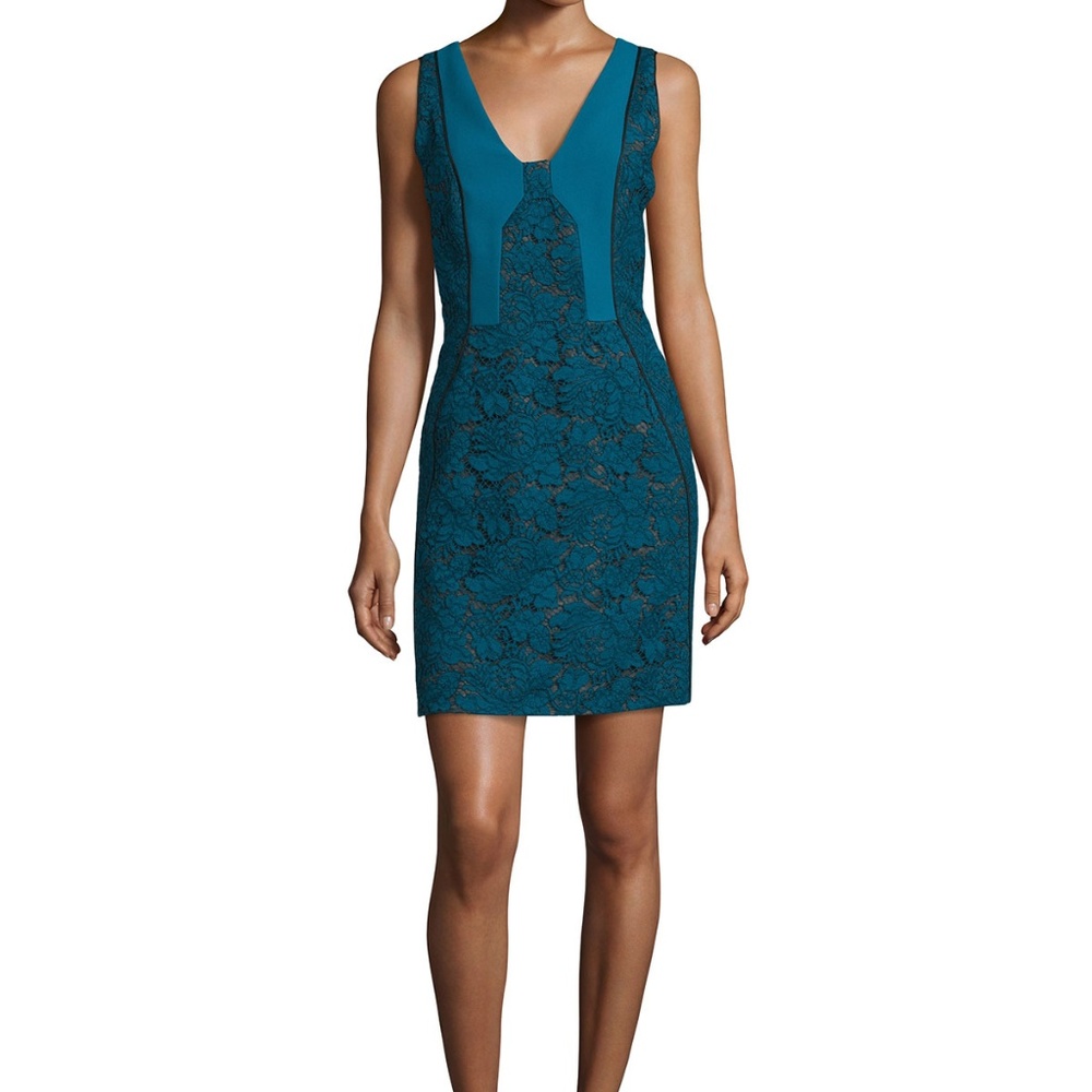 J Mendel Black Green Bicolor Lace Dress